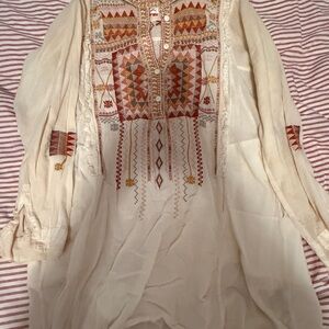 Johnny Was Cream Graphic Tunic with Mandarin Collar